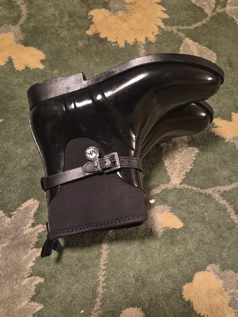Michael Kors Black Glossy Rubber Ankle Rain Boots with Matte Black Panel